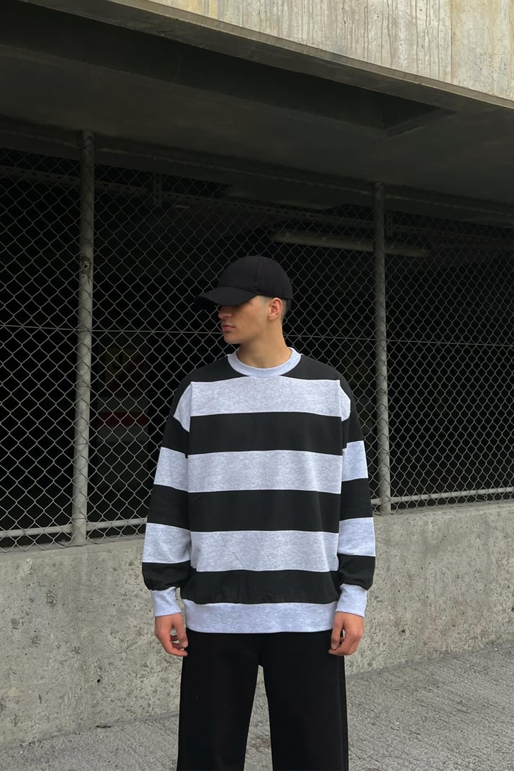 Çizgili Gri Oversize Sweatshirt