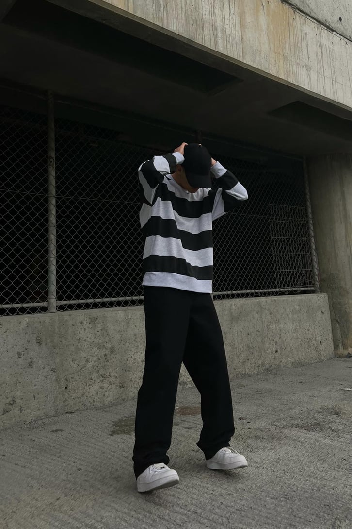 Çizgili Gri Oversize Sweatshirt