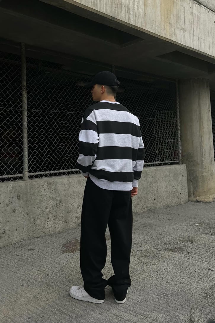 Çizgili Gri Oversize Sweatshirt