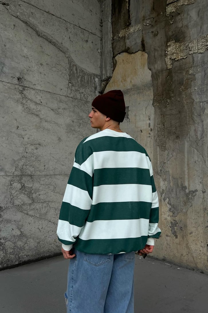 Çizgili Haki Oversize Sweatshirt