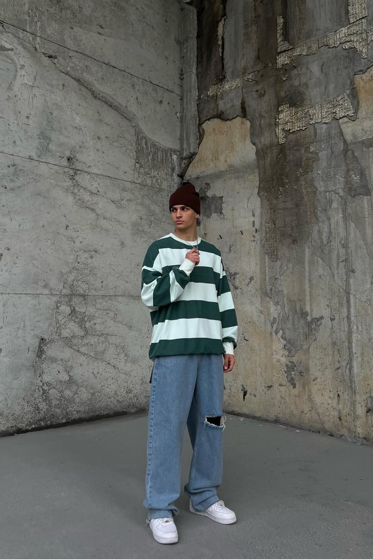 Çizgili Haki Oversize Sweatshirt
