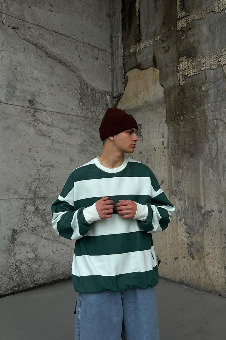 Çizgili Haki Oversize Sweatshirt