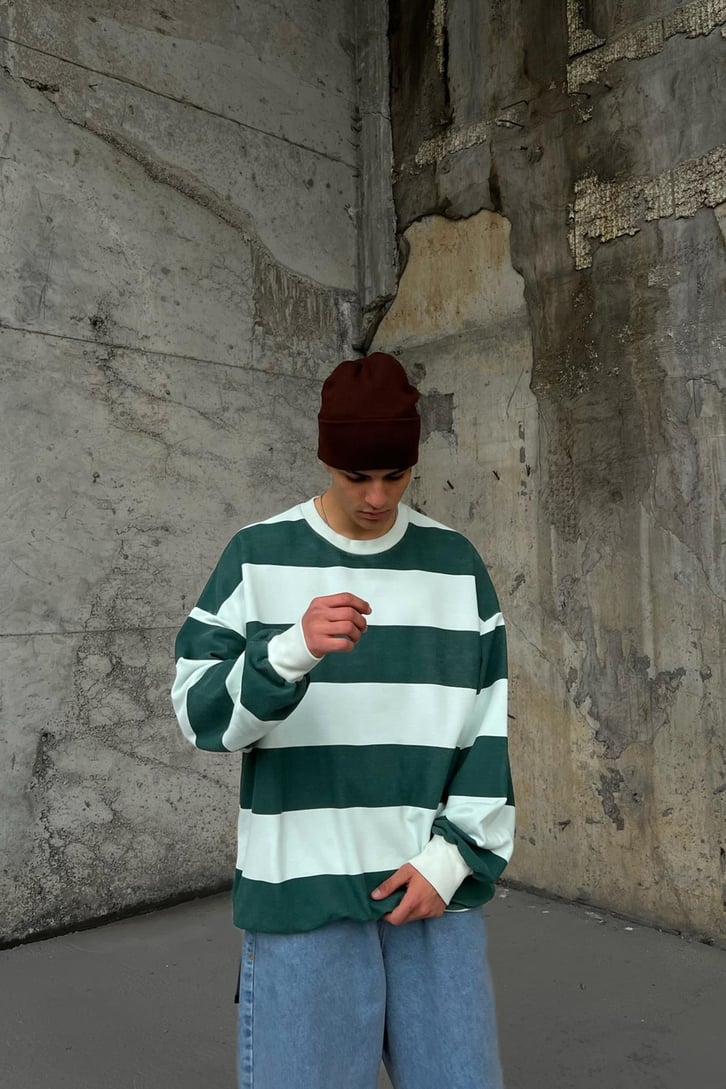 Çizgili Haki Oversize Sweatshirt