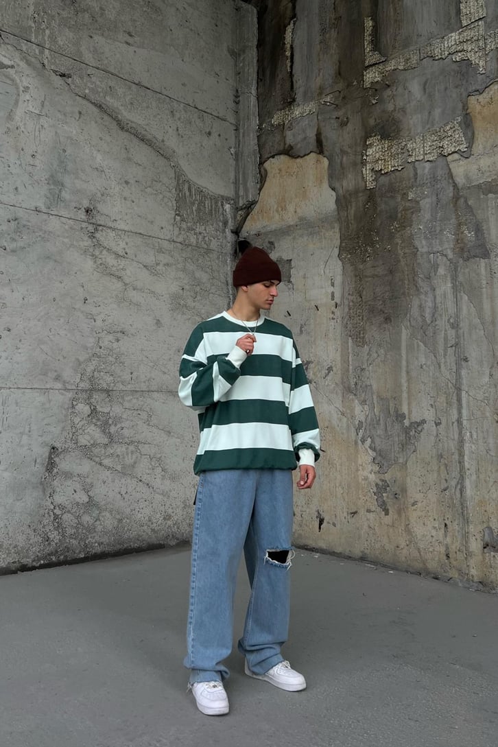 Çizgili Haki Oversize Sweatshirt