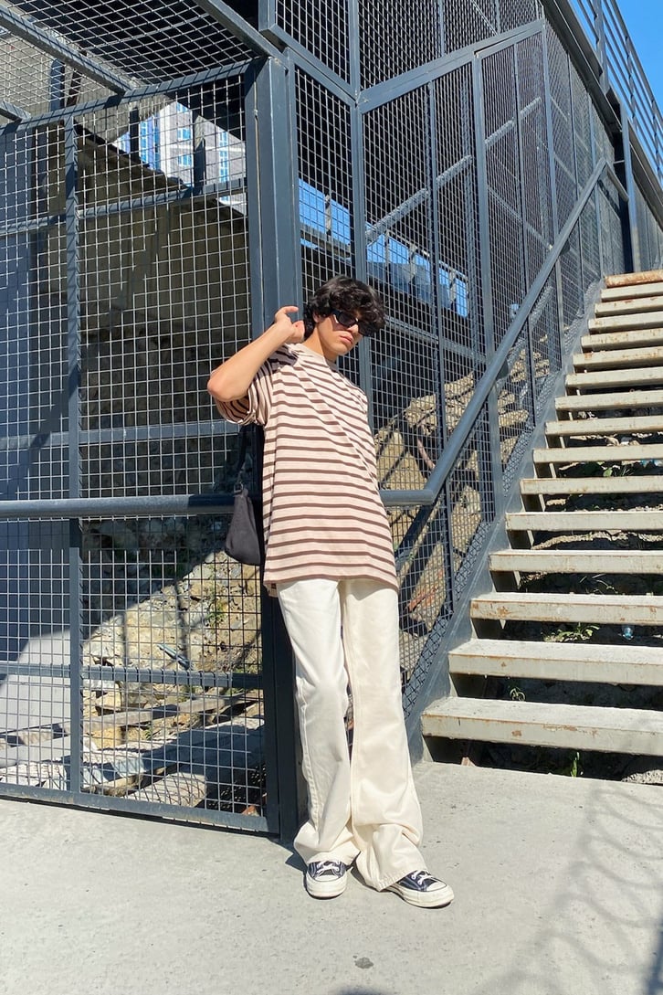 Çizgili Kahverengi Oversize Tshirt