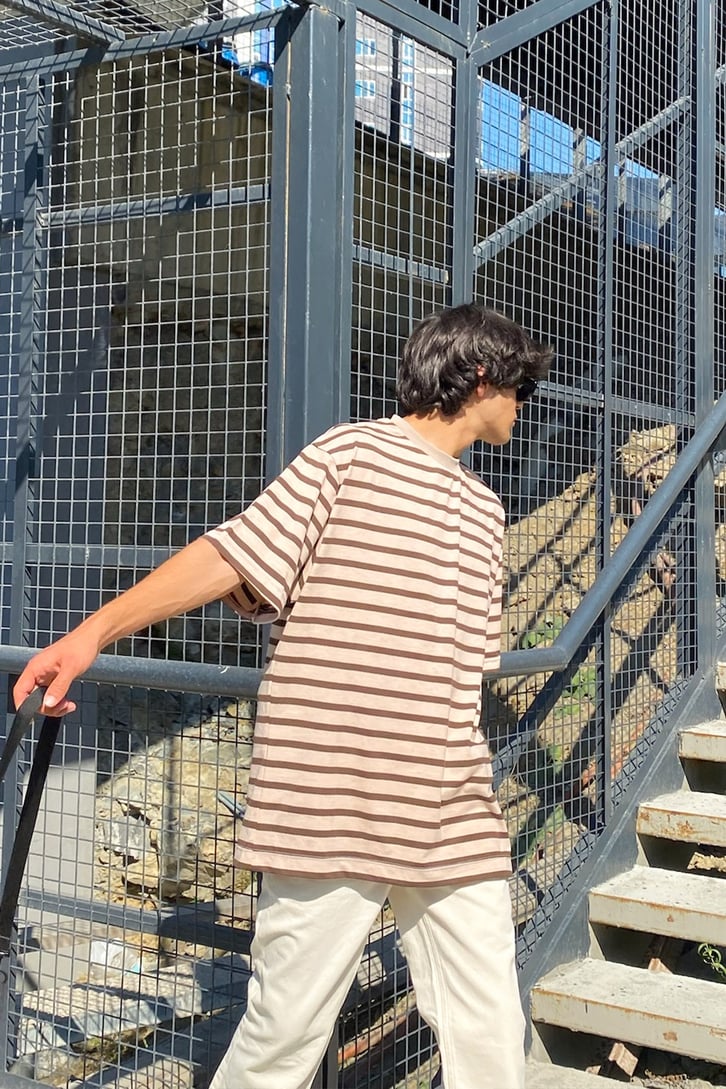 Çizgili Kahverengi Oversize Tshirt