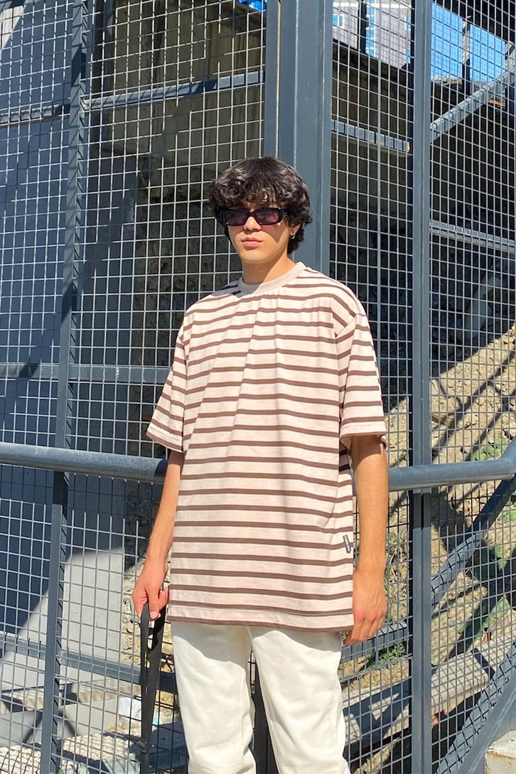 Çizgili Kahverengi Oversize Tshirt
