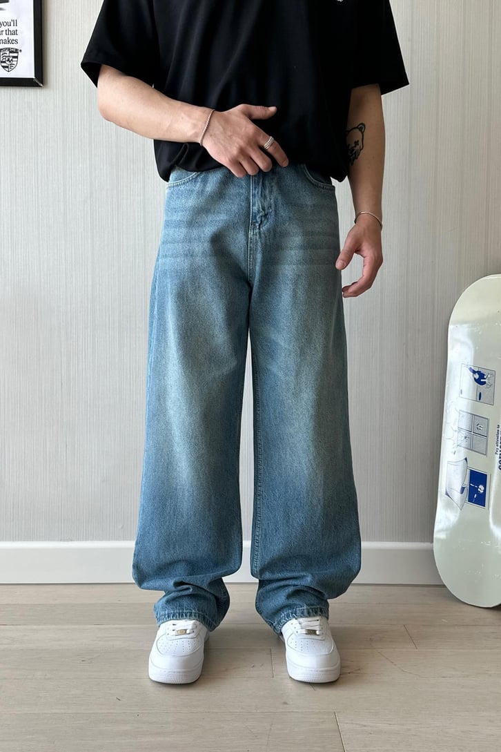 Çizgili Koyu Mavi Baggy Jean