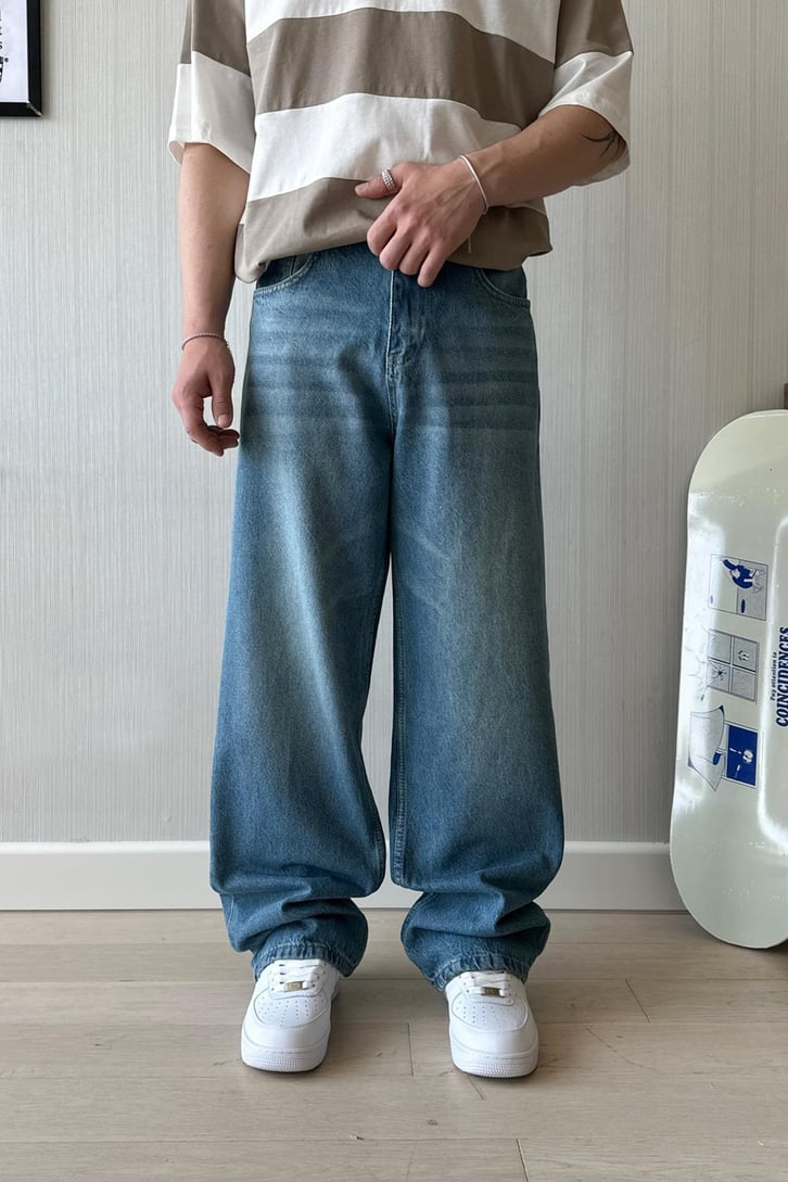 Çizgili Koyu Mavi Baggy Jean
