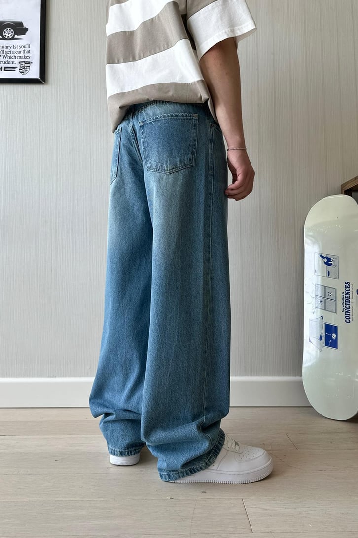 Çizgili Koyu Mavi Baggy Jean