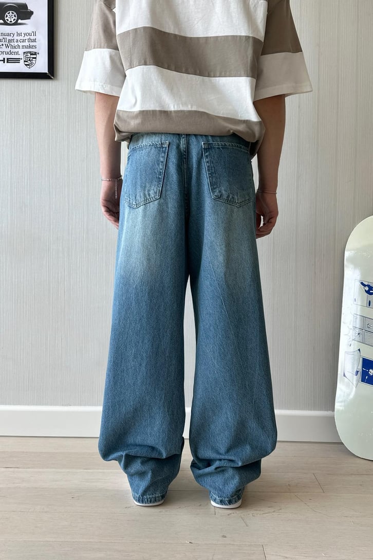 Çizgili Koyu Mavi Baggy Jean