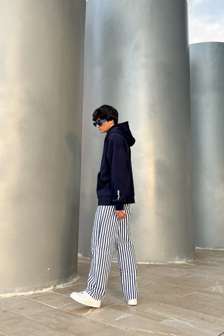 Çizgili Lacivert Baggy Jean