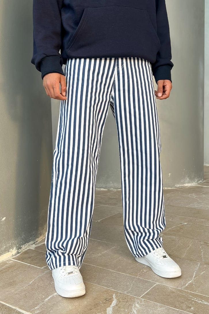 Çizgili Lacivert Baggy Jean