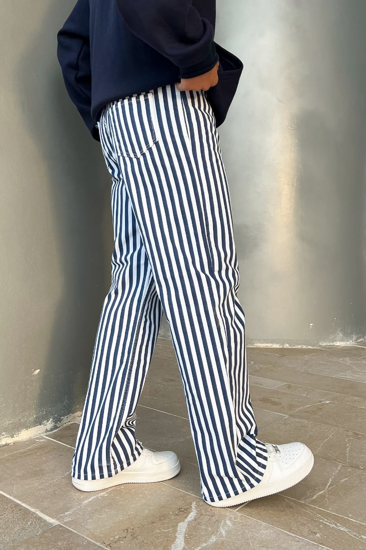 Çizgili Lacivert Baggy Jean