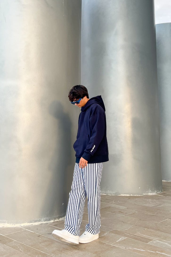 Çizgili Lacivert Baggy Jean