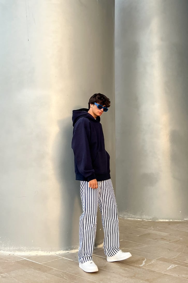 Çizgili Lacivert Baggy Jean