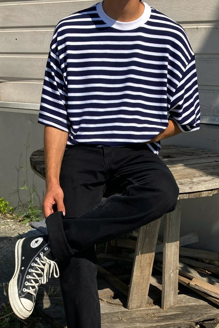 Çizgili Lacivert Oversize Tshirt