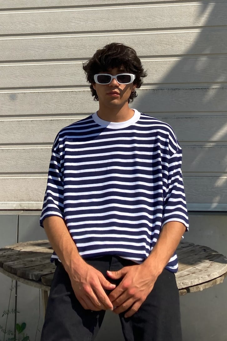 Çizgili Lacivert Oversize Tshirt