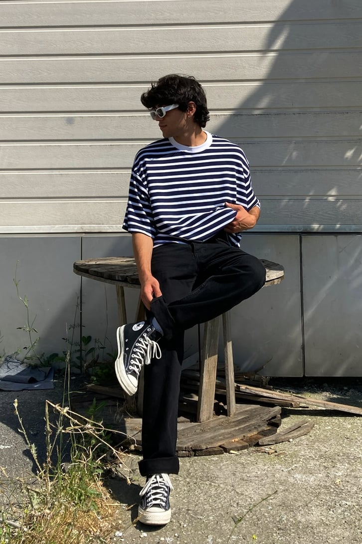 Çizgili Lacivert Oversize Tshirt