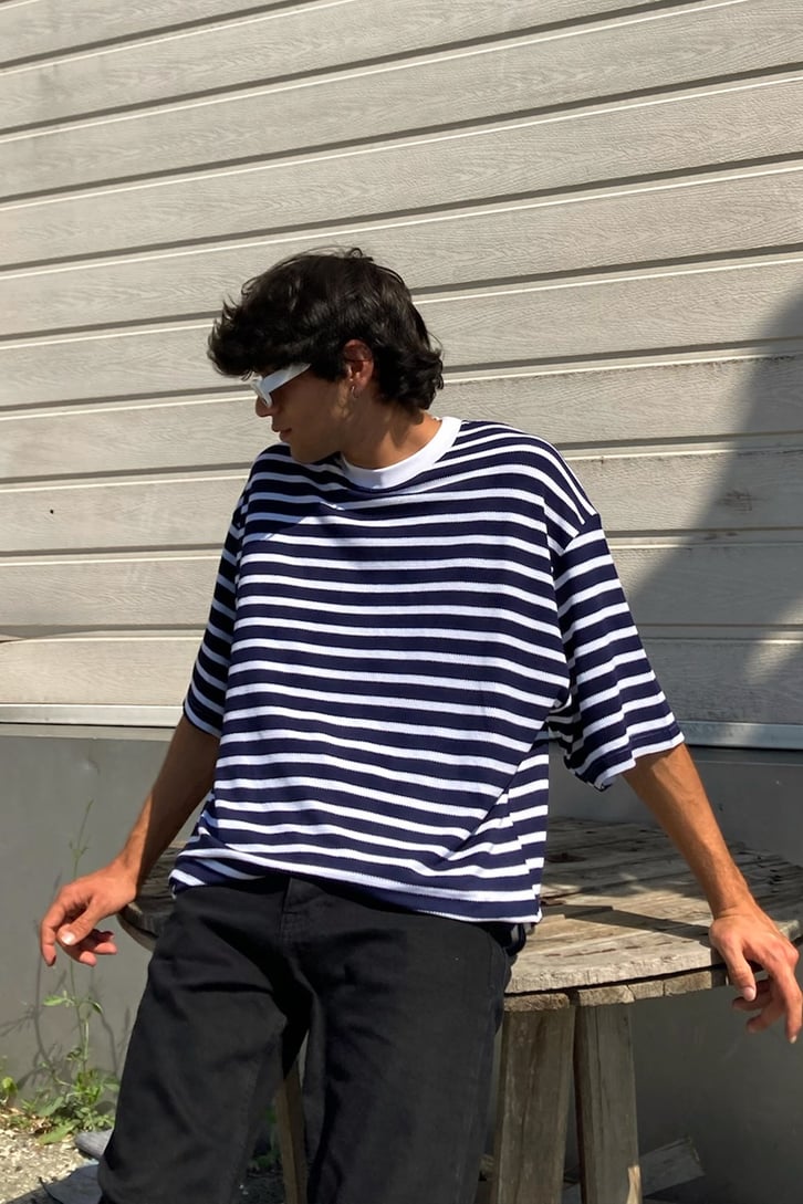 Çizgili Lacivert Oversize Tshirt