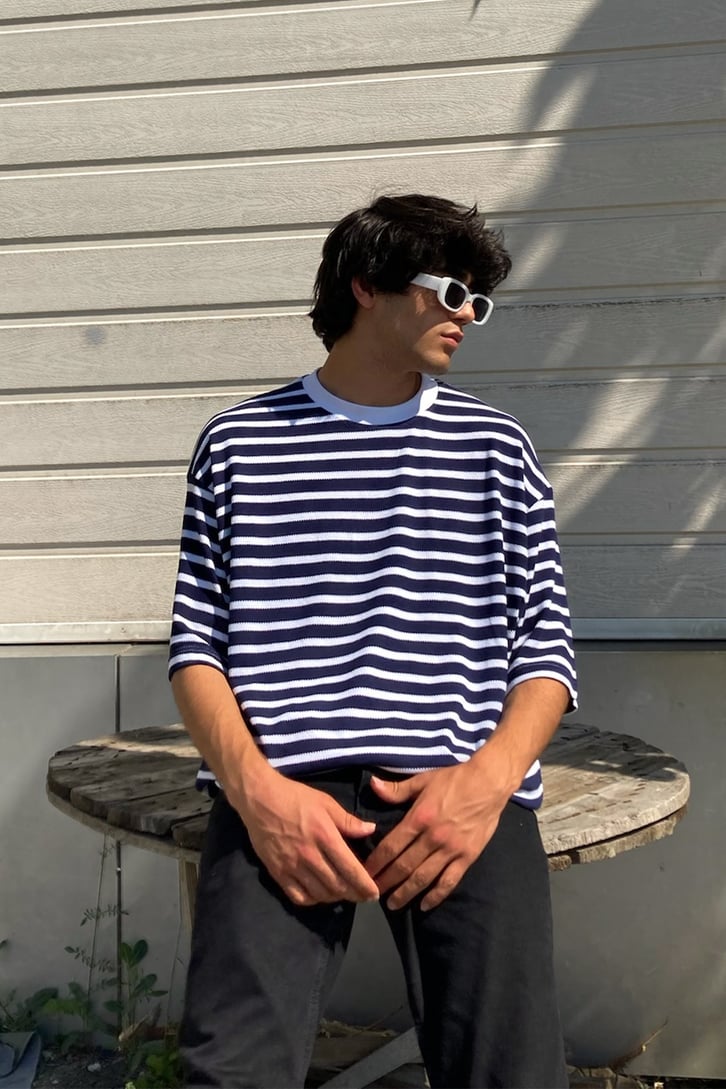 Çizgili Lacivert Oversize Tshirt