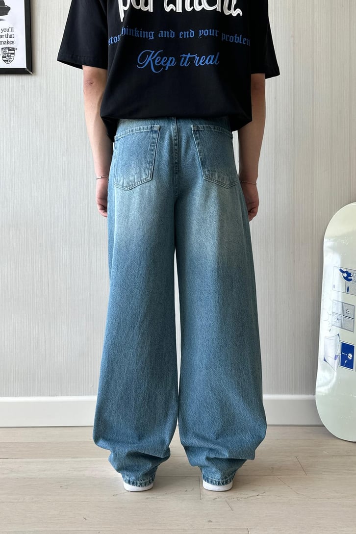 Çizgili Mavi Baggy Jean