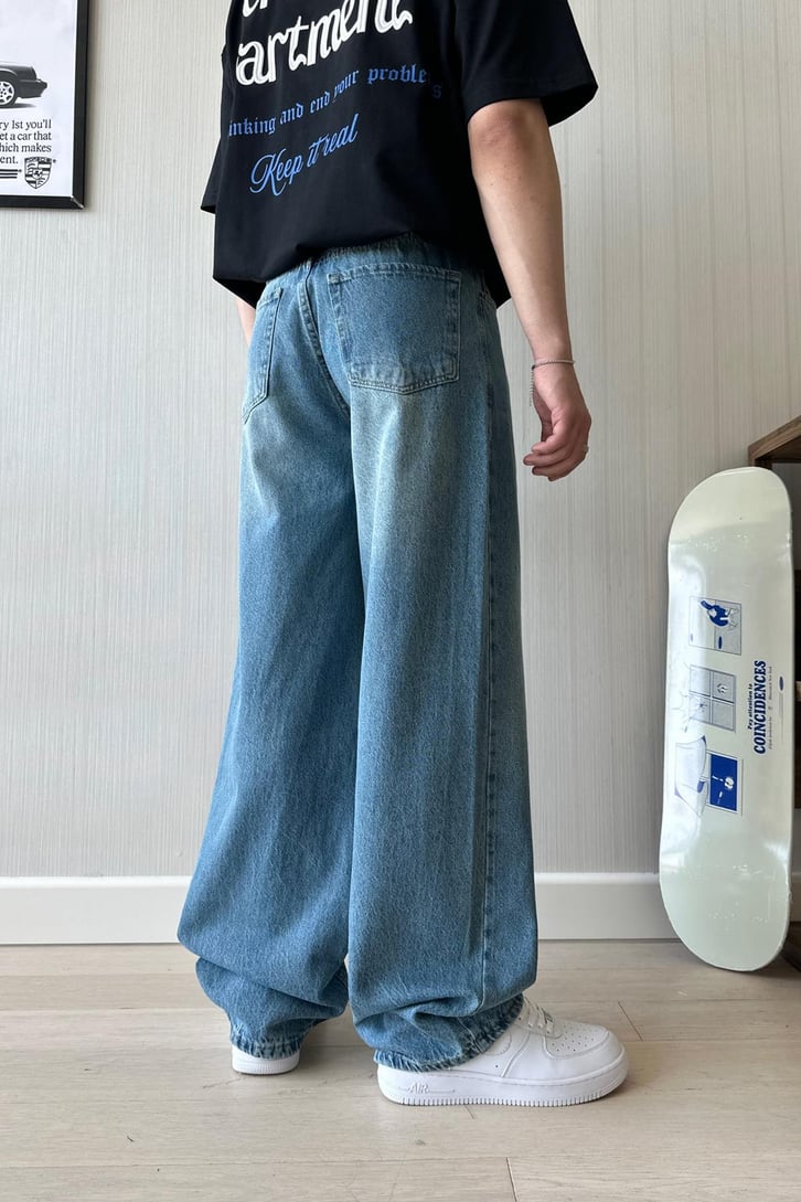 Çizgili Mavi Baggy Jean