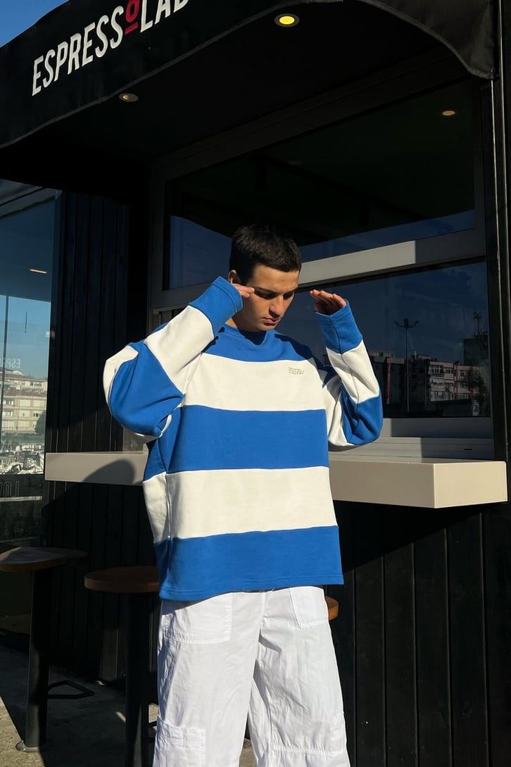 Çizgili Mavi Oversize Sweatshirt