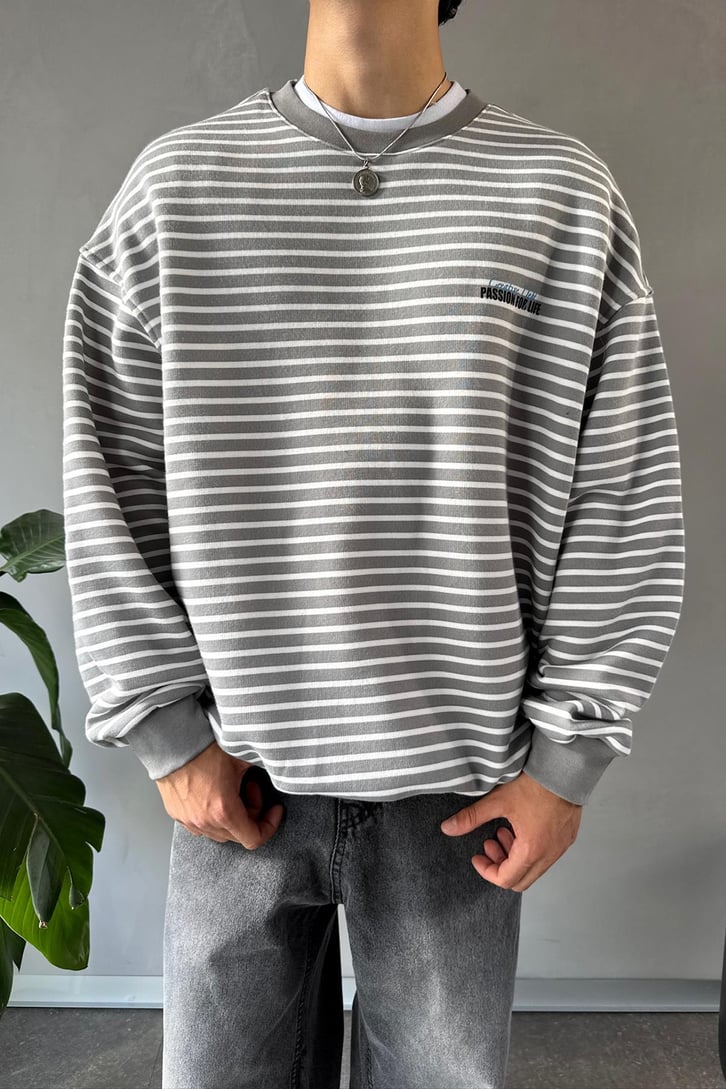 Çizgili Minimal Baskılı Bisiklet Yaka Sweatshirt