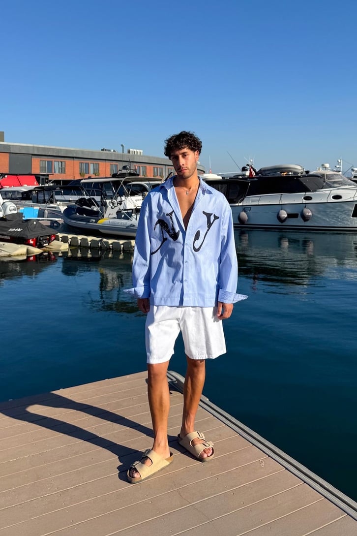 Çizgili Ny Baskılı Oversize Gömlek