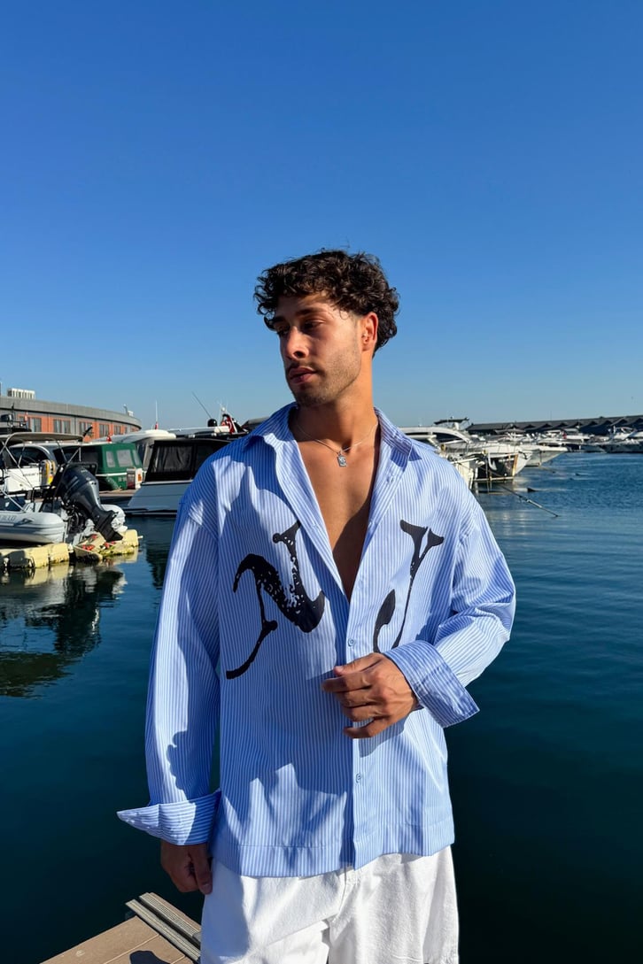 Çizgili Ny Baskılı Oversize Gömlek
