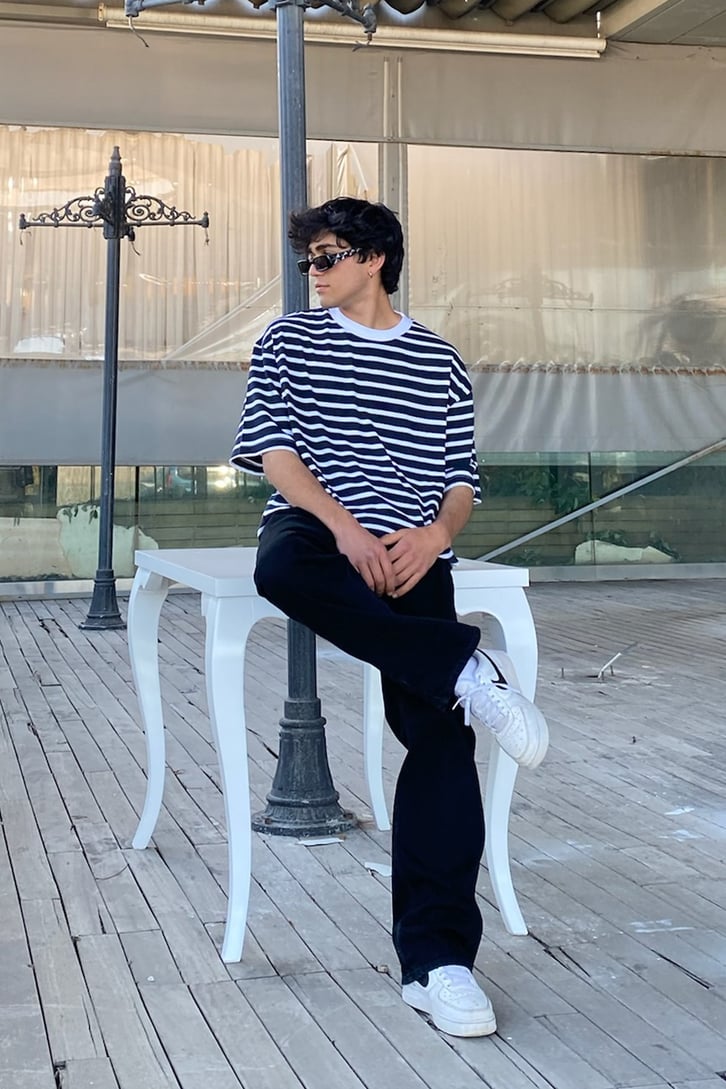 Çizgili Oversize Beyaz Tshirt