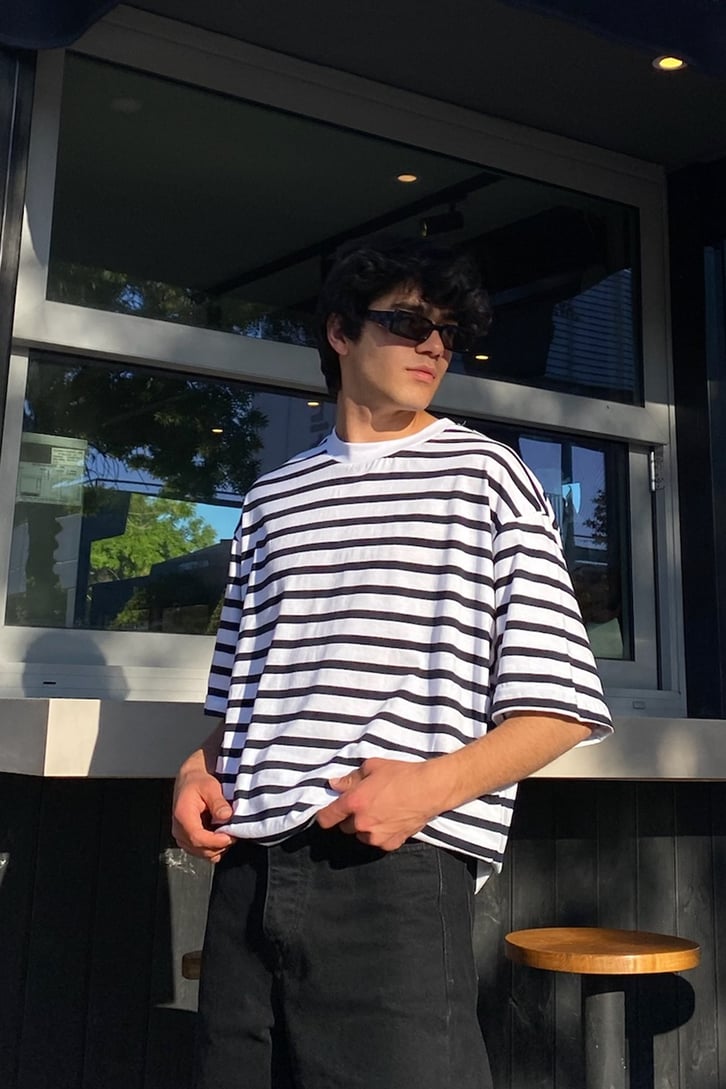 Çizgili Oversize Beyaz Tshirt