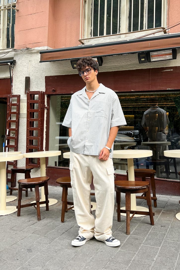 Çizgili Oversize Kısa Kol Gömlek