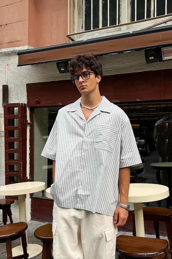 Çizgili Oversize Kısa Kol Gömlek
