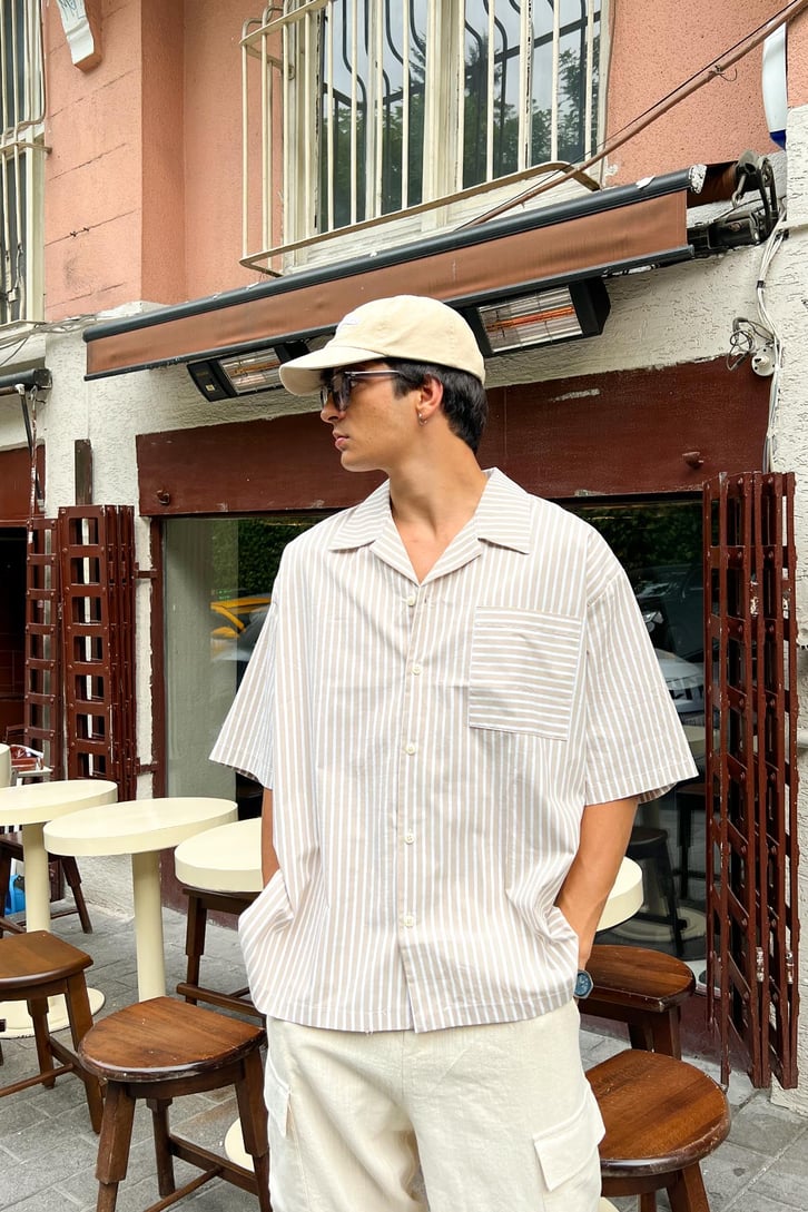 Çizgili Oversize Kısa Kol Gömlek