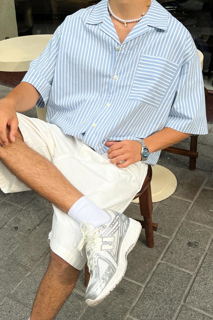 Çizgili Oversize Kısa Kol Gömlek