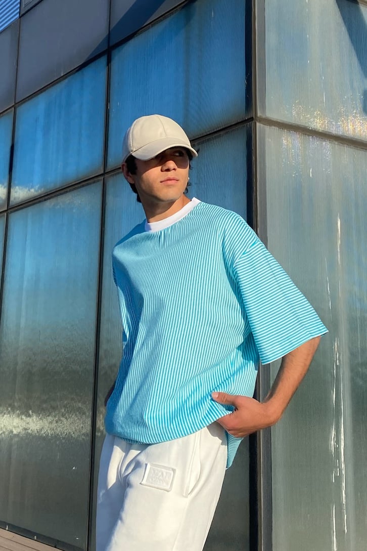 Çizgili Oversize Turkuaz Tshirt