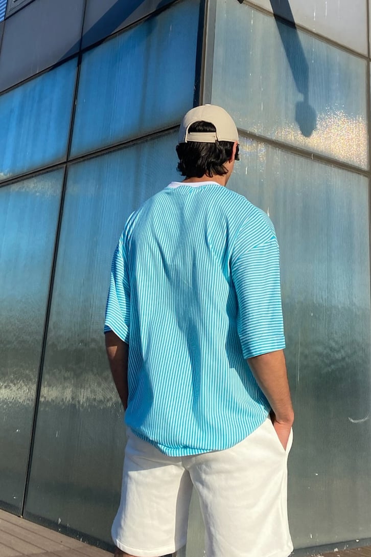 Çizgili Oversize Turkuaz Tshirt