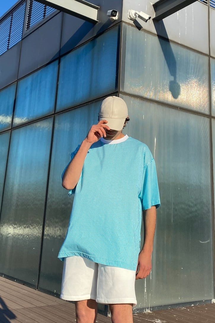 Çizgili Oversize Turkuaz Tshirt