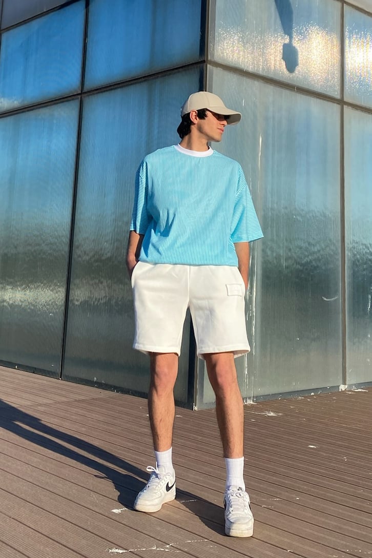 Çizgili Oversize Turkuaz Tshirt