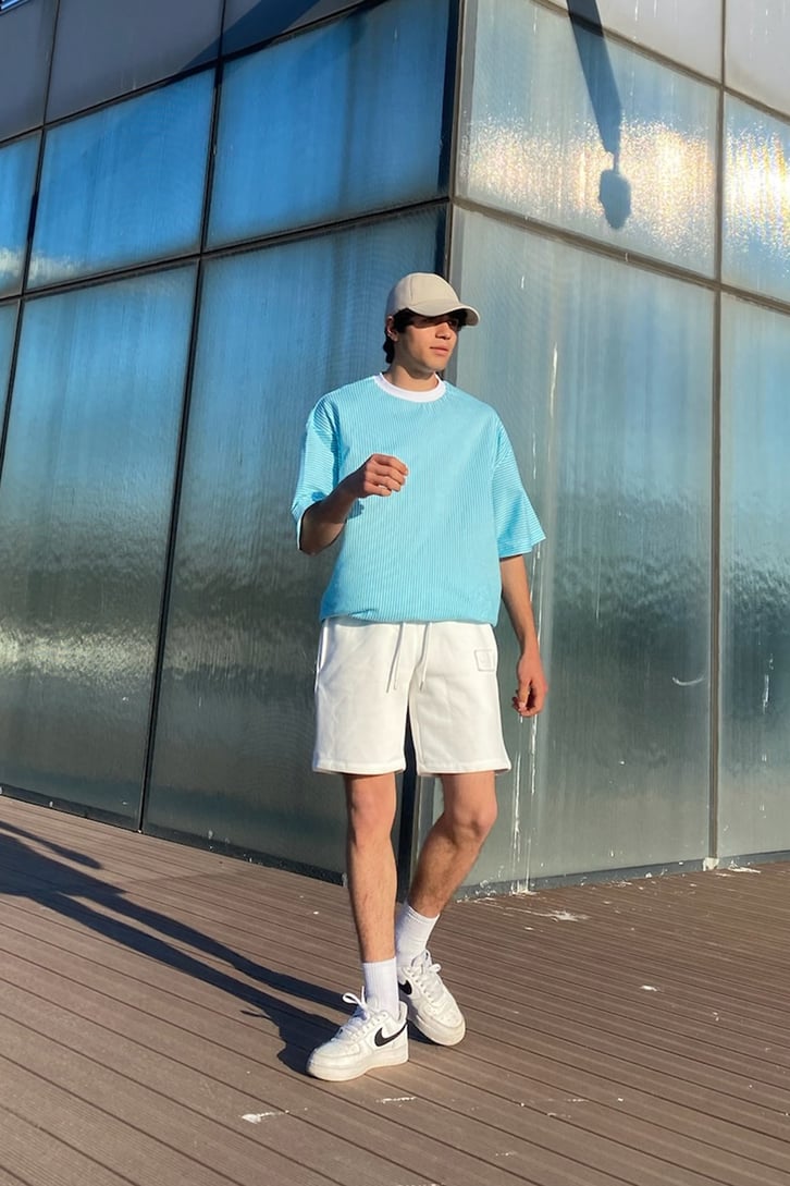 Çizgili Oversize Turkuaz Tshirt