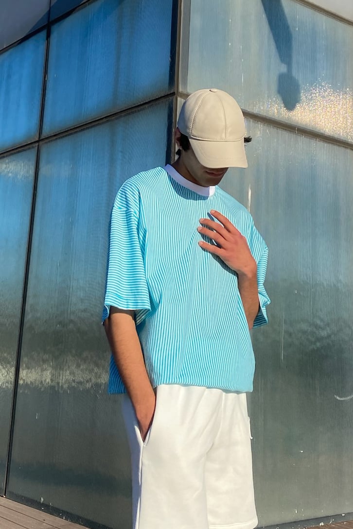 Çizgili Oversize Turkuaz Tshirt