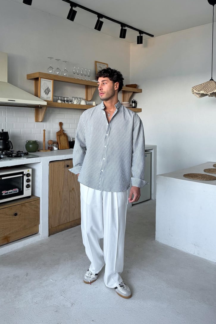 Çizgili Oversize Uzun Kol Gömlek