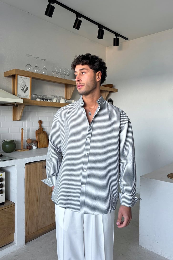 Çizgili Oversize Uzun Kol Gömlek