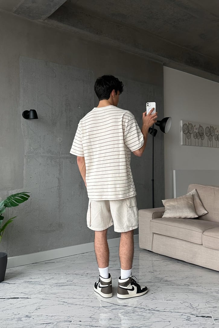 Çizgili Pike Kumaş Siyah Oversize Tişört
