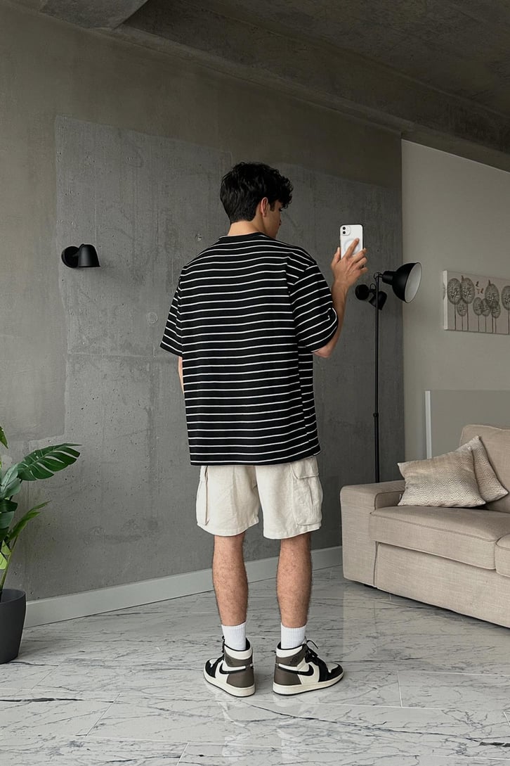 Çizgili Pike Kumaş Siyah Oversize Tişört