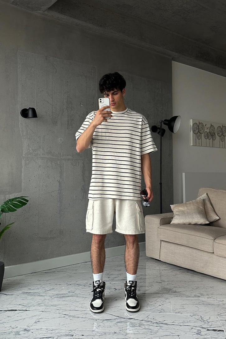 Çizgili Pike Kumaş Siyah Oversize Tişört