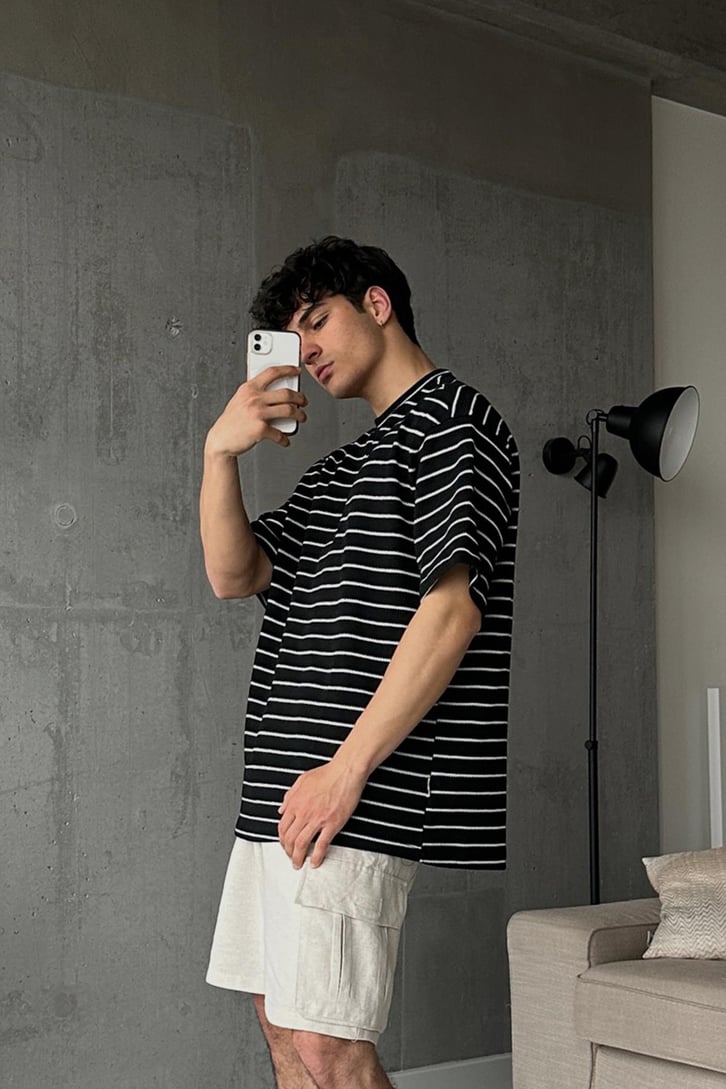 Çizgili Pike Kumaş Siyah Oversize Tişört