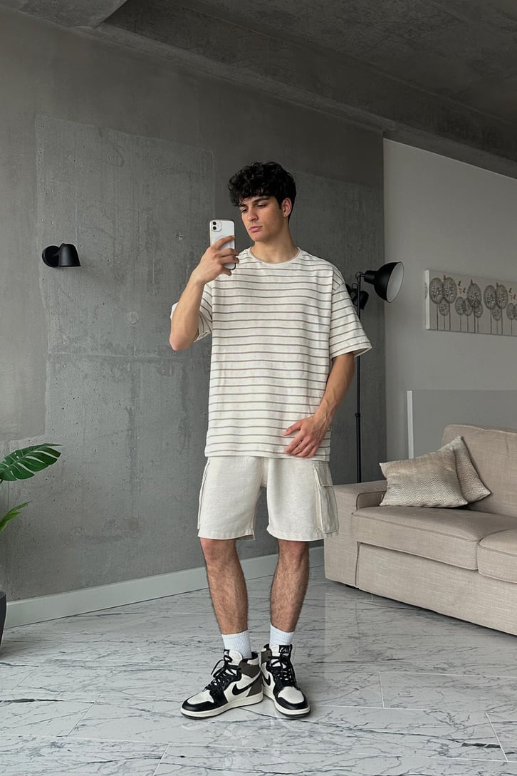 Çizgili Pike Kumaş Siyah Oversize Tişört